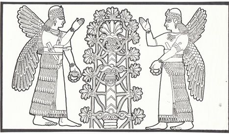 





              Livstræet, flankeret af to kvindelige bevingede væsner (engle), er fra et kalkstensrelief fra Nimrud, fra Assurnasirpal den II tid ( 88-859 f.Kr.).