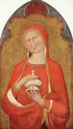 Maria Magdalene med alabasterkrukken til opbevaring af salveolie. Mark.14.3 ; Matt.26.7 ; Luk.7.37 ; Joh.12.1-3 ; Joh.11.2 ff.