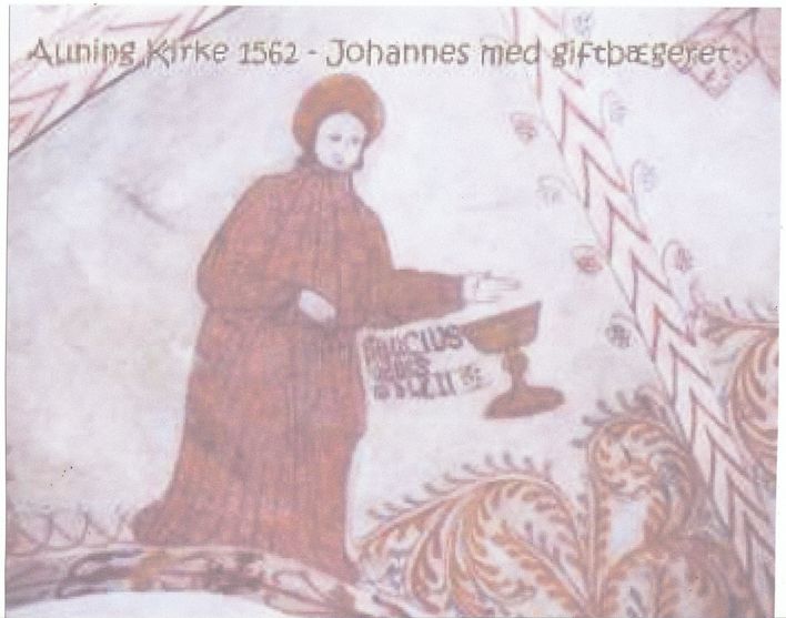Dette kalkmaleri fra 1562 i Auning Kirke fortæller om kalken 