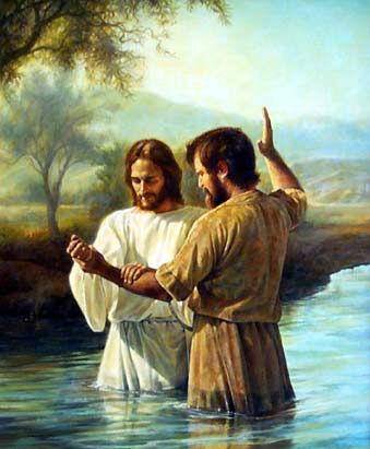 Johannes døberen i Jordan floden ved Genesaret Sø, hvor han døber Jesus.
