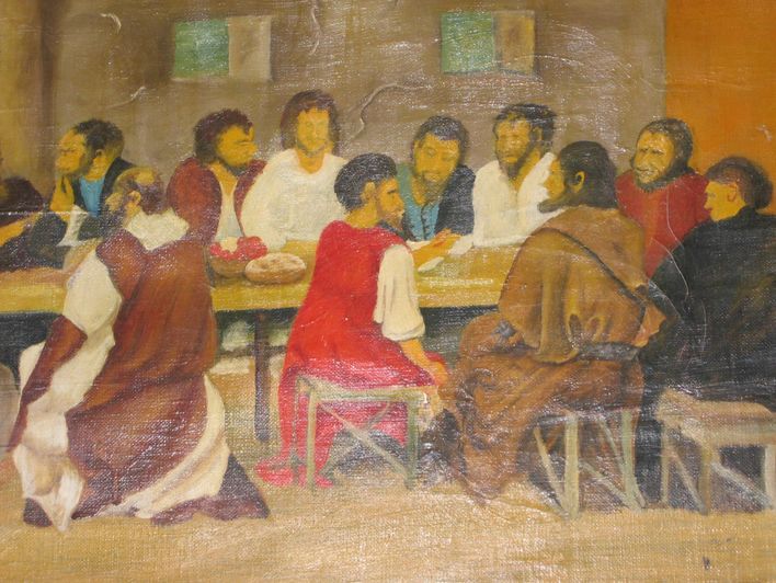 Dette billede af den sidste nadver er malet i 1957-1958 af afdøde bagermester Ingemann G. Nielsen efter Da Vinci`s billede, men her kun med 12 personer?