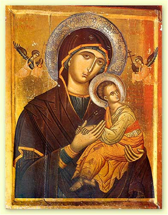 Billedet er Maria med barnet Jesus, fundet i Sct. Katarine Klostret beliggende på Sinai-halvøen ved foden af Sinabjerget.